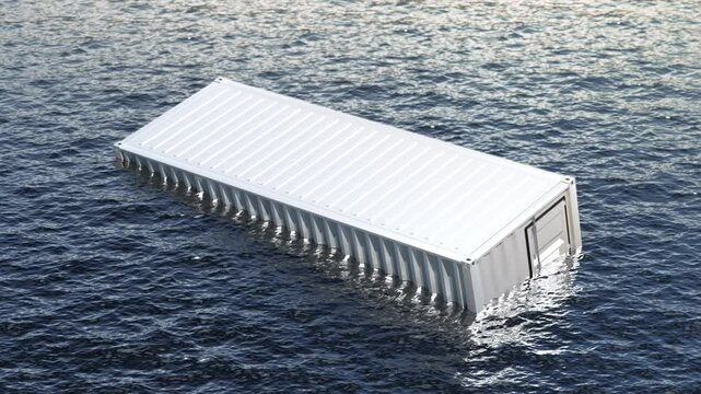 Metal cargo container floating in water, looped switch, 4k