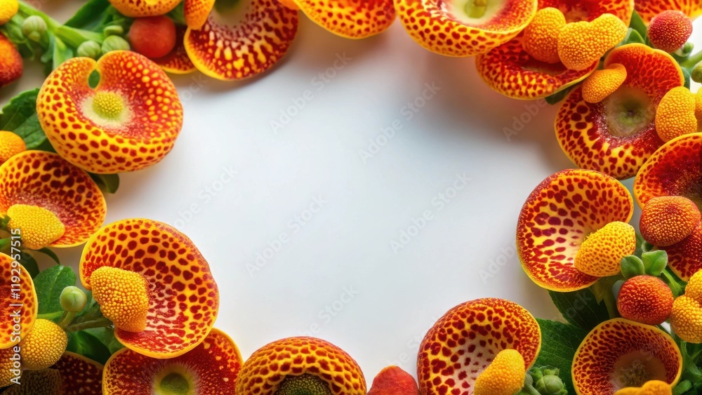Aufkleber vibrant orange and red spotted blossoms arranged in a circular frame on a white background, perfect 