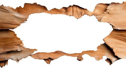 Wooden frame with dark center and rough edges.