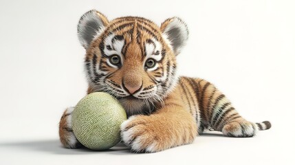 Obraz premium Adorable tiger cub playing with a green ball on white background.