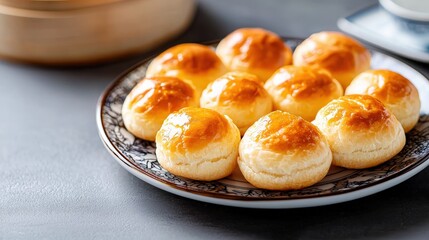 Plate of hot buns and chinese egg tarts arranged on a decorative table setting for a culinary presentation