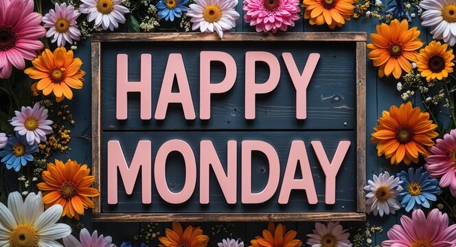 happy Monday text lettering on wooden sign board with flowers background