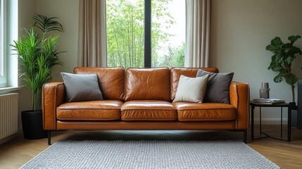 Modern Living Room with a Leather Sofa. Generative AI