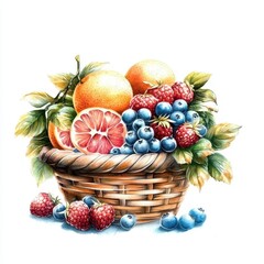 Vibrant Basket of Fresh Fruits Including Berries, Oranges, and Citrus on a White Background
