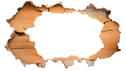 Torn paper with a textured wooden frame revealing on transparent background.