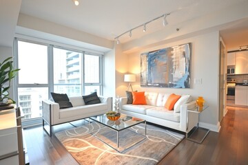 Fototapeta premium A modern, bright living room with a lounge area near a glass window, creating a comfortable and inviting space for relaxation and enjoyment. MZ