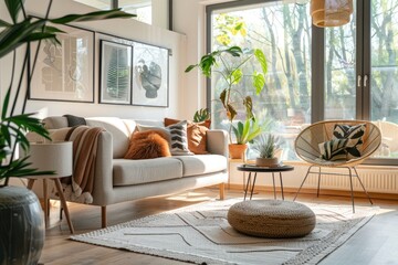 Fototapeta premium A modern, bright living room with a lounge area near a glass window, creating a comfortable and inviting space for relaxation and enjoyment. MZ
