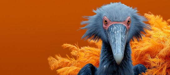Fototapeta premium Shoebill bird portrait, orange background, feathers. Wildlife photography