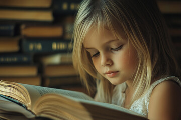 A child is reading a book in library made generative AI