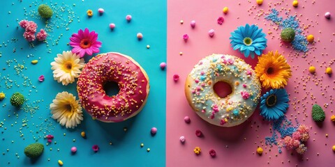 Sweet Treats and Floral Delights A Colorful Donut and Flower Arrangement on a Two-toned Background