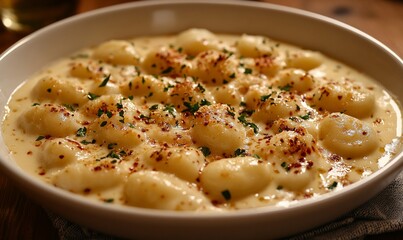 Creamy cheese gnocchi, close-up, rustic setting