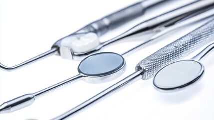 Collection of Dental Instruments and Tools for Oral Care Procedures, Featuring Mirrors, Probes, and Scalers on a Bright White Background