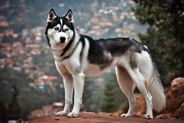 A majestic black and white husky stands proudly on a mountain hill, gazing into the distance with striking blue eyes, exuding strength and grace.