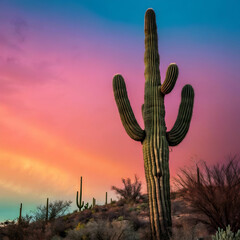 The Saguaro cactus is a large, iconic desert plant with tall, branching stems