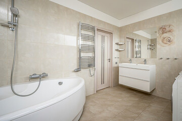 Modern bathroom interior in minimal scandinavian style, 3d render