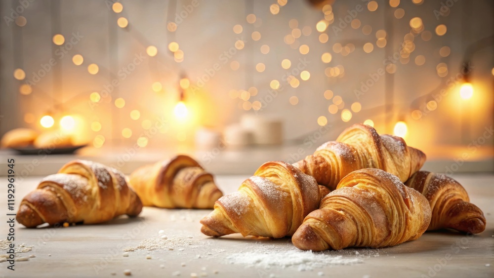 Poster a delightful collection of golden-brown croissants, dusted with powdered sugar, sits on a table agai
