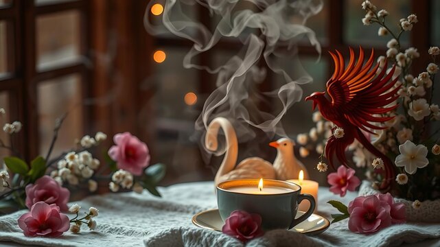 Beautifully crafted latte with phoenix design, delicate flowers, candle, and steam rising from cup creating cozy ambiance, steam, flowers, cozy