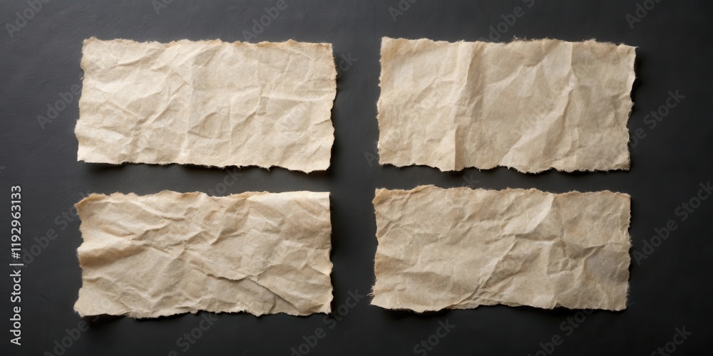 Poster four crumpled pieces of tan paper on a dark surface, ideal for note-taking or messaging