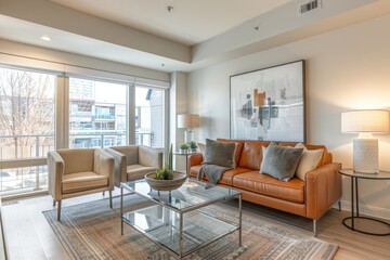 Fototapeta premium A modern, bright living room with a lounge area near a glass window, creating a comfortable and inviting space for relaxation and enjoyment. MZ