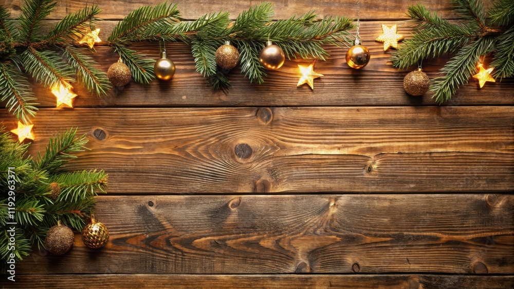 Aufkleber rustic wooden background with evergreen branches, ornaments, and festive string lights perfect for h