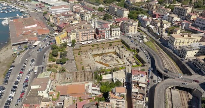 Aerial view the Macellum of Pozzuoli, near Naples, Italy. It was market building of the Roman colony of Puteoli. It was mistakenly known as the Temple of Serapis.