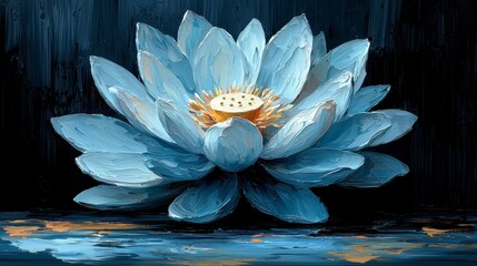 Blue lotus flower painting, dark background.
