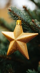 Golden Star Ornament Hanging on Pine Tree Branch - Festive Holiday Decoration in Natural Setting