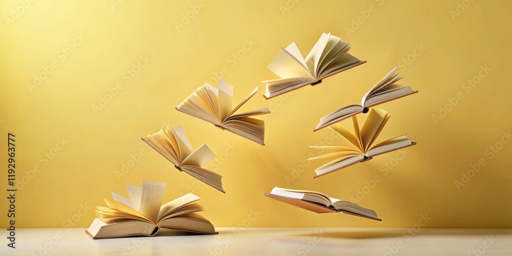 Poster seven open books levitate against a yellow backdrop, representing the joy of reading and the boundle