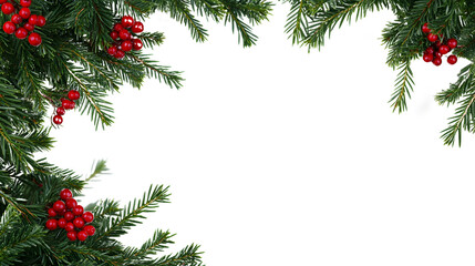 Natural green Christmas tree branches framery with red hawthorn berries, blank copyspace isolated