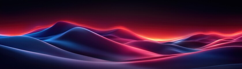 A vibrant abstract landscape featuring smooth, undulating waves in shades of blue and red against a dark backdrop, creating a futuristic atmosphere.
