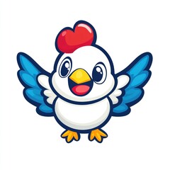 Happy cartoon chick spreads wings, white background, children's book illustration