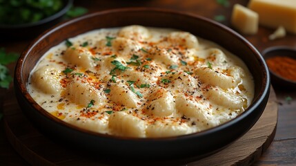 Creamy potato gnocchi, cheese sauce, herbs. Delicious Italian pasta dish