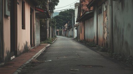 Fototapeta premium Narrow residential street scene with aged buildings and overgrown vegetation.