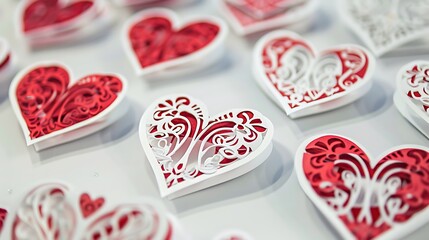 Fototapeta premium A handmade Valentines craft featuring heart-shaped red and white paper cutouts, arranged on a white table,
