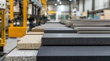 Quartz, granite and solid surface countertops samples are displayed in a workshop, ready for selection and installation in a modern kitchen
