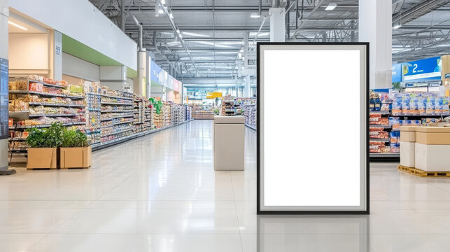 supermarket entrance with empty poster frame, showcasing spacious interior filled with shelves of products