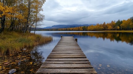 Obraz premium Tranquil Wooden Dock on Lake