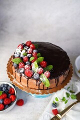 Homemade vanilla layered sponge cake with chocolate buttercream frosting