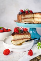 Homemade vanilla layered sponge cake with chocolate buttercream frosting