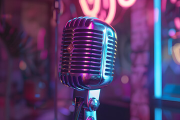 Close-up of Modern Karaoke Microphone on Stand with Neon Lights in Background, Evoking Energetic...