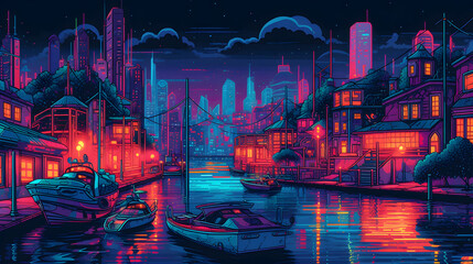 Obraz premium a citysca with boats in the water at night