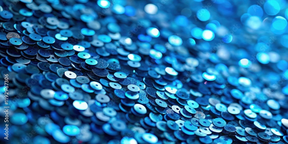 Poster close-up view of a vibrant blue sequined surface, reflecting light with a dazzling shimmer and a lux
