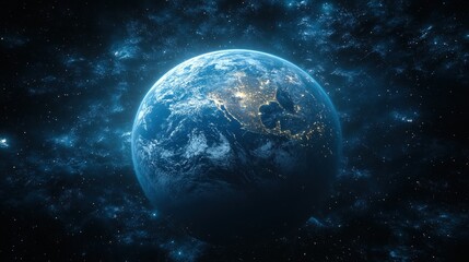 Earth at night from space, showing city lights and clouds.