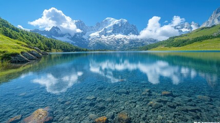 Fototapeta premium Alpine lake with snow-capped mountains and clear water