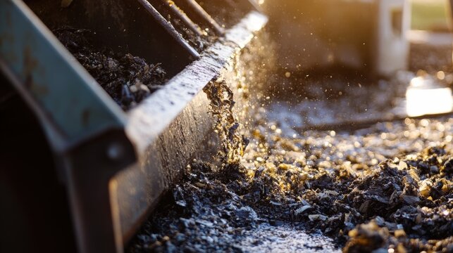 Wet grape pomace is falling from the back of a truck at sunset, creating splashes and glistening drops in the golden light, showcasing the end of a day of grape harvesting and winemaking