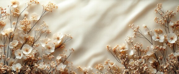 Fototapeta premium Dried flowers arranged symmetrically on a beige fabric background, creating a delicate and elegant design.