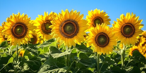 Fototapeta premium Bright yellow sunflowers in full bloom against a vibrant blue summer sky.