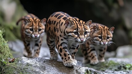 Obraz premium Three ocelots walking on rocks, rainforest background; wildlife photography