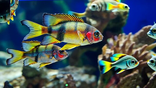4k video Vibrant tropical fish swimming in an aquarium.
