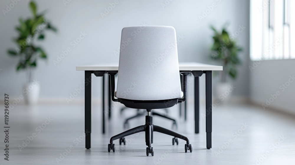Poster White office chair in front of empty desk representing remote work and flexible working hours